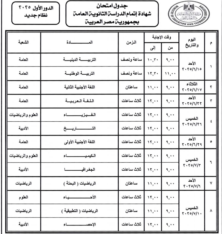 جدول امتحانات الثانوية العامة 2025 علمي علوم